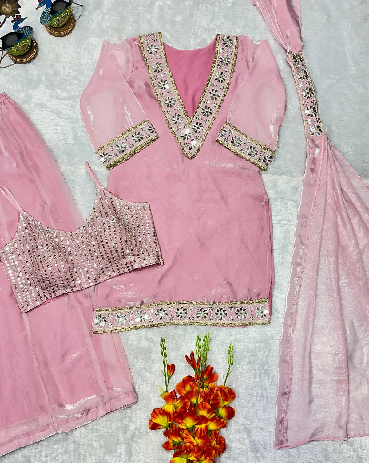 Pink Silk Mirror Work Sharara Set With Dupatta