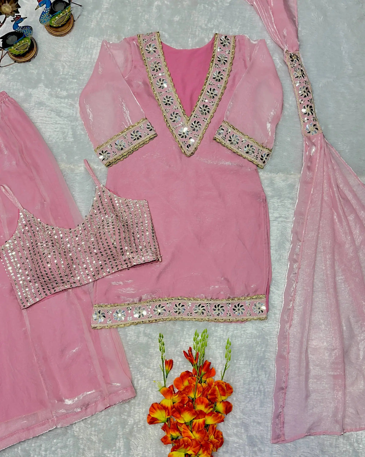 Pink Silk Mirror Work Sharara Set With Dupatta