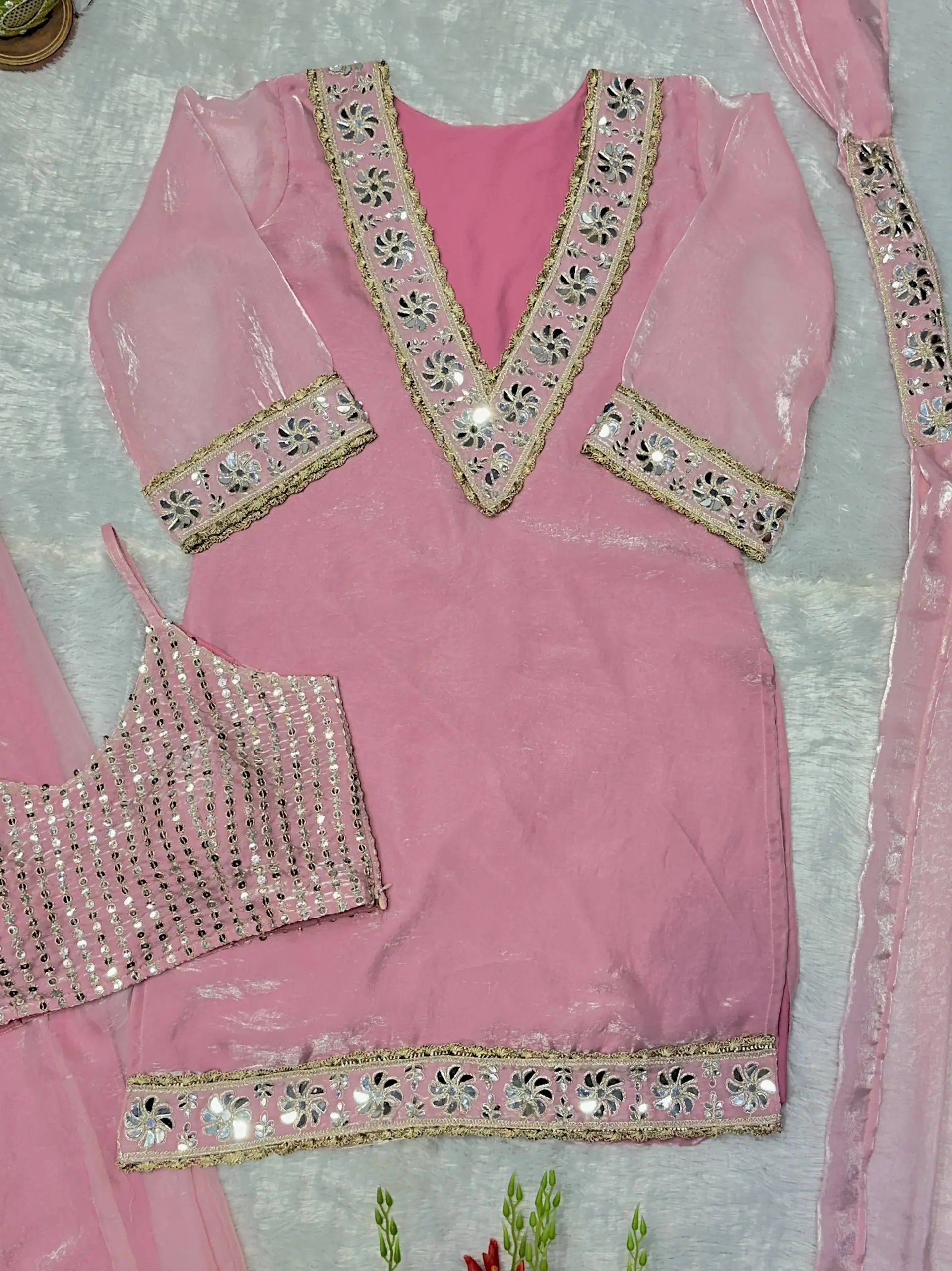 Pink Silk Mirror Work Sharara Set With Dupatta