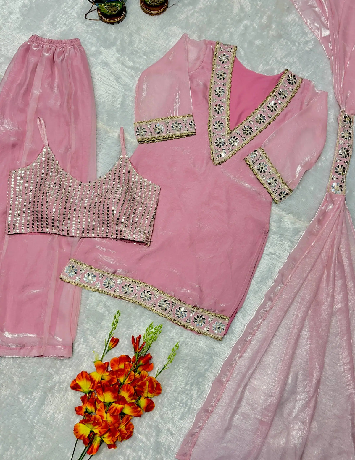 Pink Silk Mirror Work Sharara Set With Dupatta