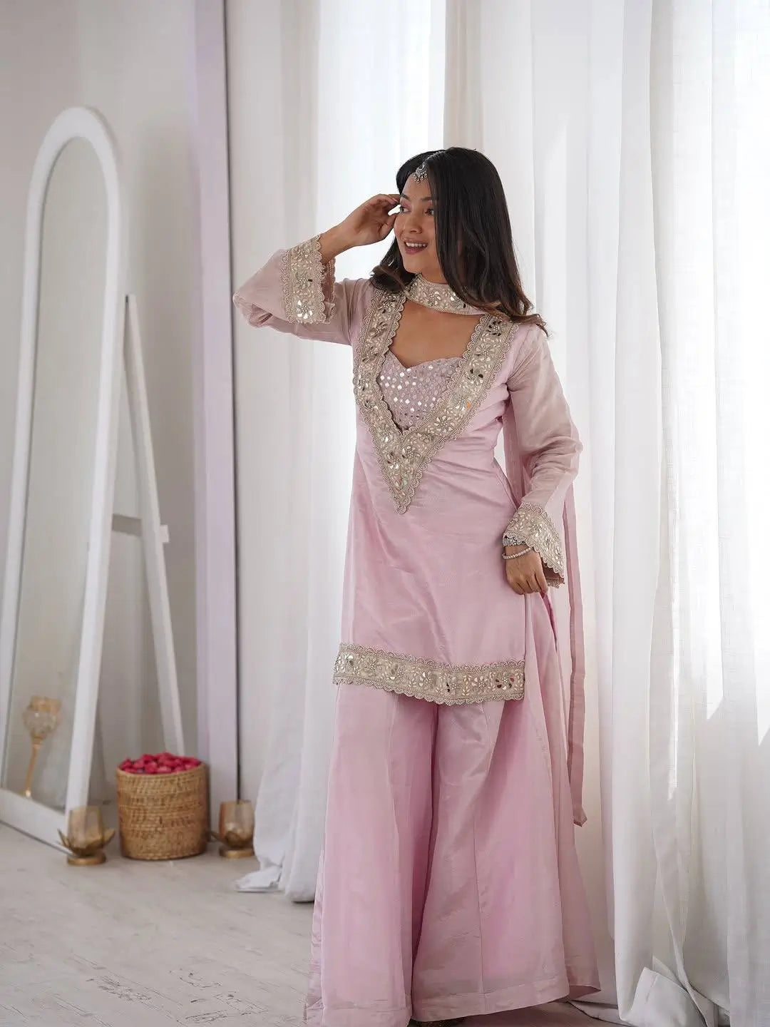 Pink Silk Mirror Work Sharara Set With Dupatta