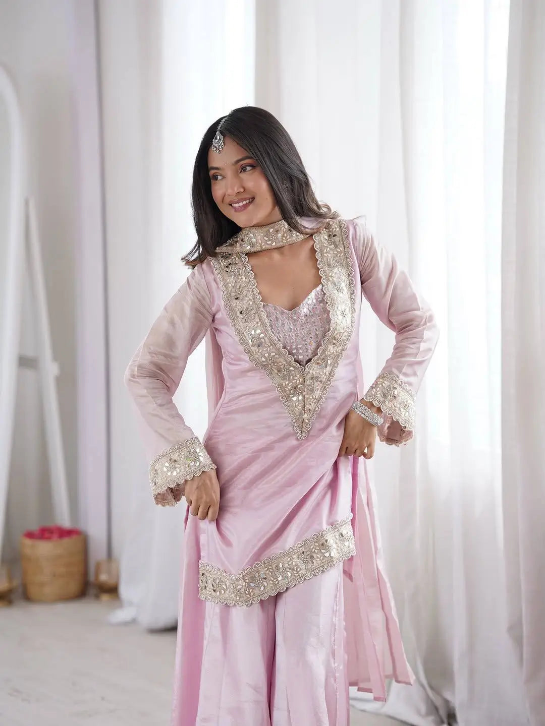Pink Silk Mirror Work Sharara Set With Dupatta