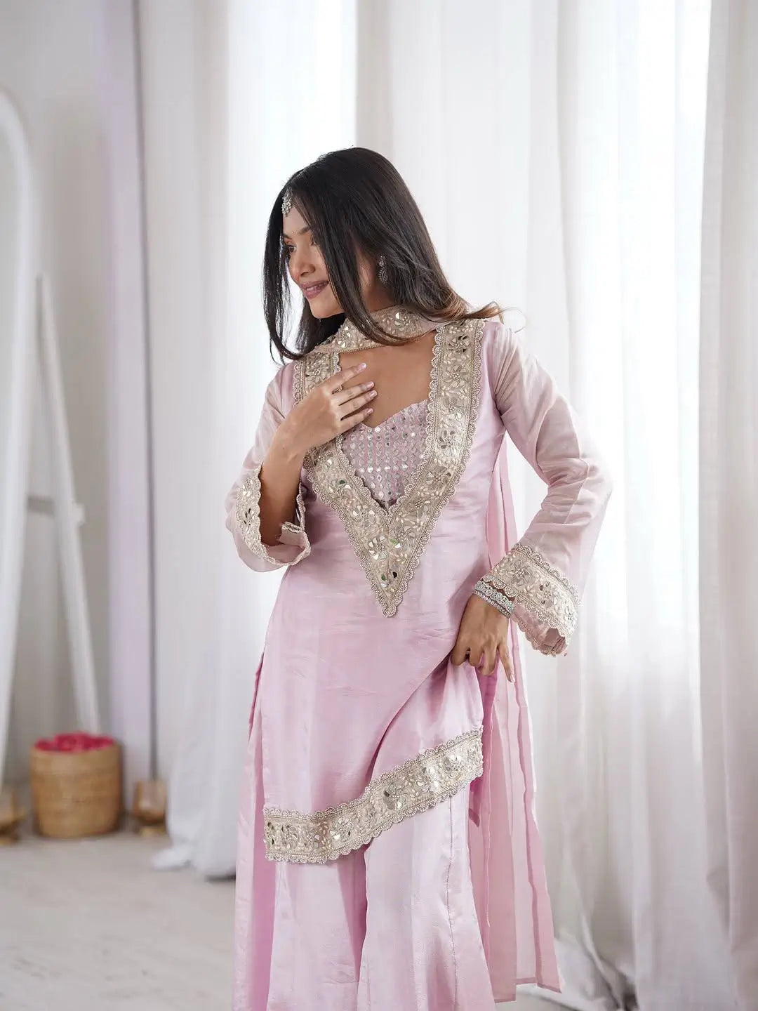Pink Silk Mirror Work Sharara Set With Dupatta
