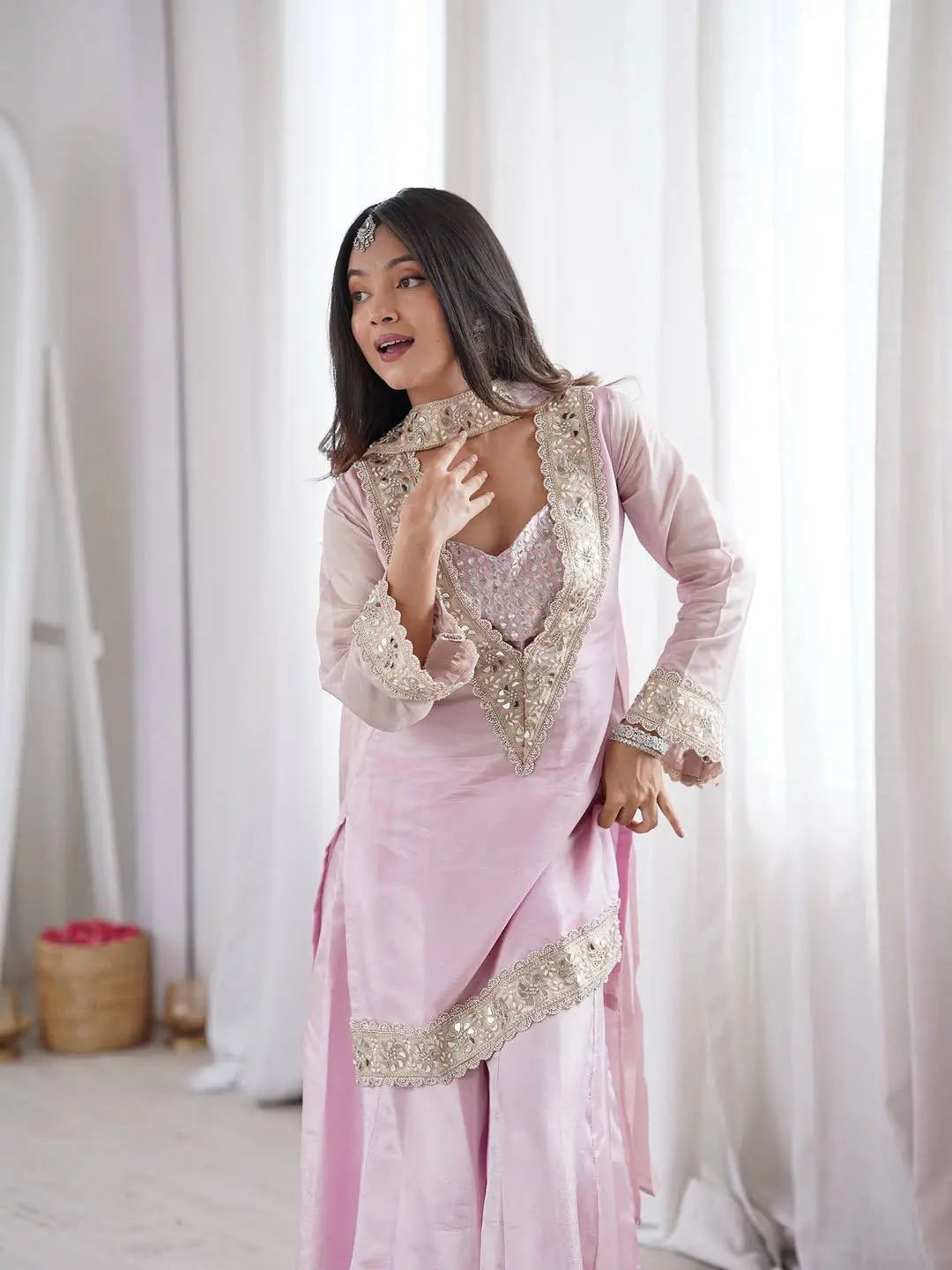 Pink Silk Mirror Work Sharara Set With Dupatta
