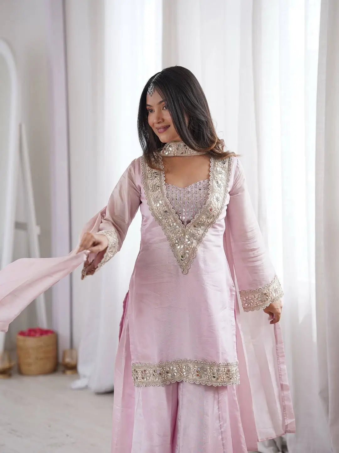 Pink Silk Mirror Work Sharara Set With Dupatta