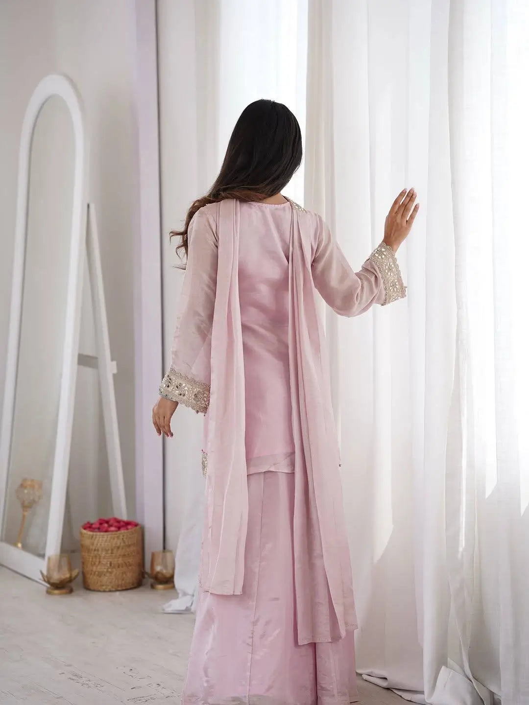 Pink Silk Mirror Work Sharara Set With Dupatta