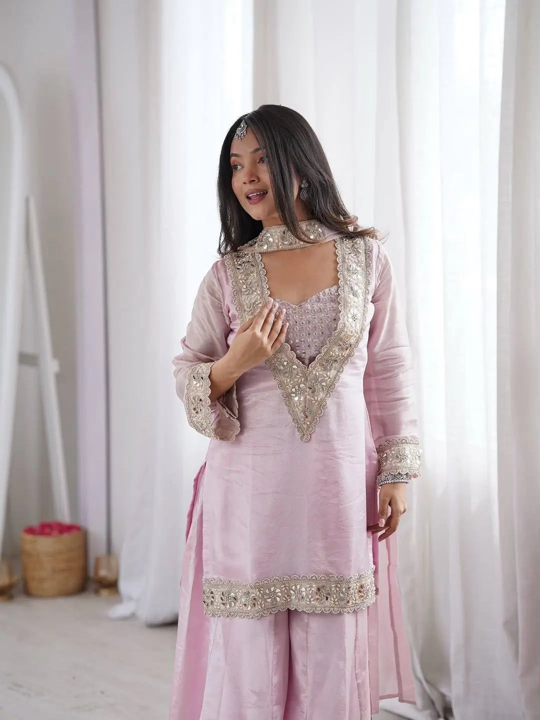 Pink Silk Mirror Work Sharara Set With Dupatta
