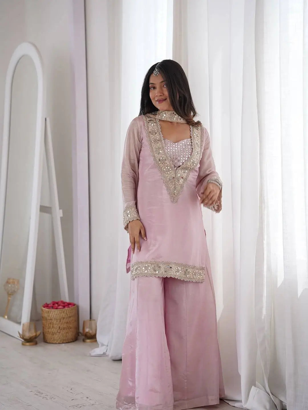 Pink Silk Mirror Work Sharara Set With Dupatta