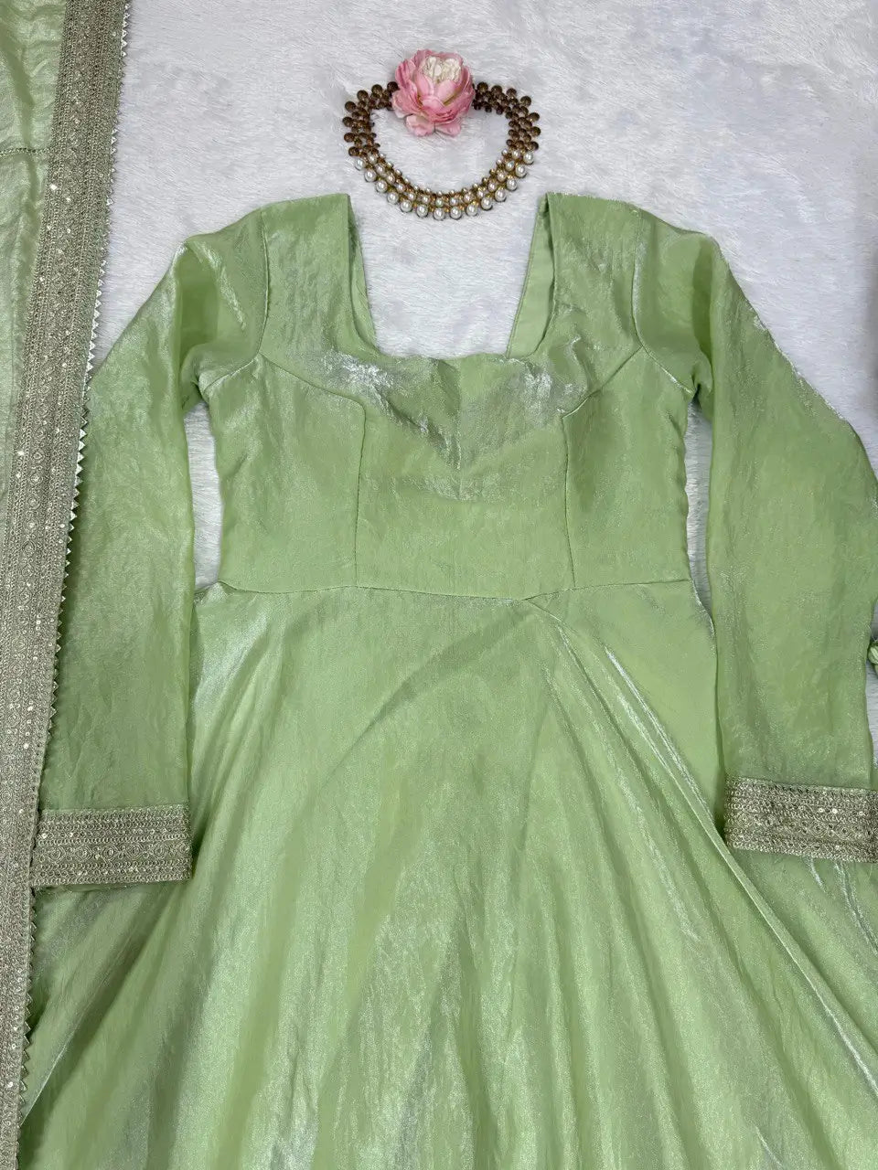 Pista Green Fendy Silk Anarkali Gown Set with Dupatta | Elegant Party & Festive Wear