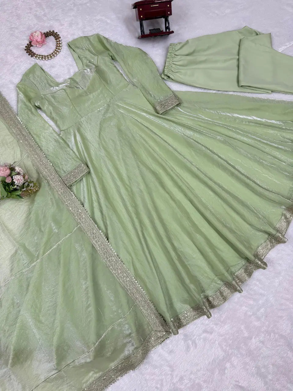 Pista Green Fendy Silk Anarkali Gown Set with Dupatta | Elegant Party & Festive Wear