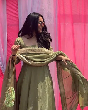 Pista Green Fendy Silk Anarkali Gown Set with Dupatta | Elegant Party & Festive Wear
