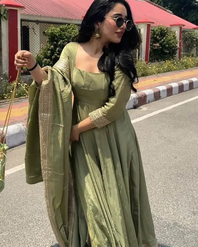 Pista Green Fendy Silk Anarkali Gown Set with Dupatta | Elegant Party & Festive Wear