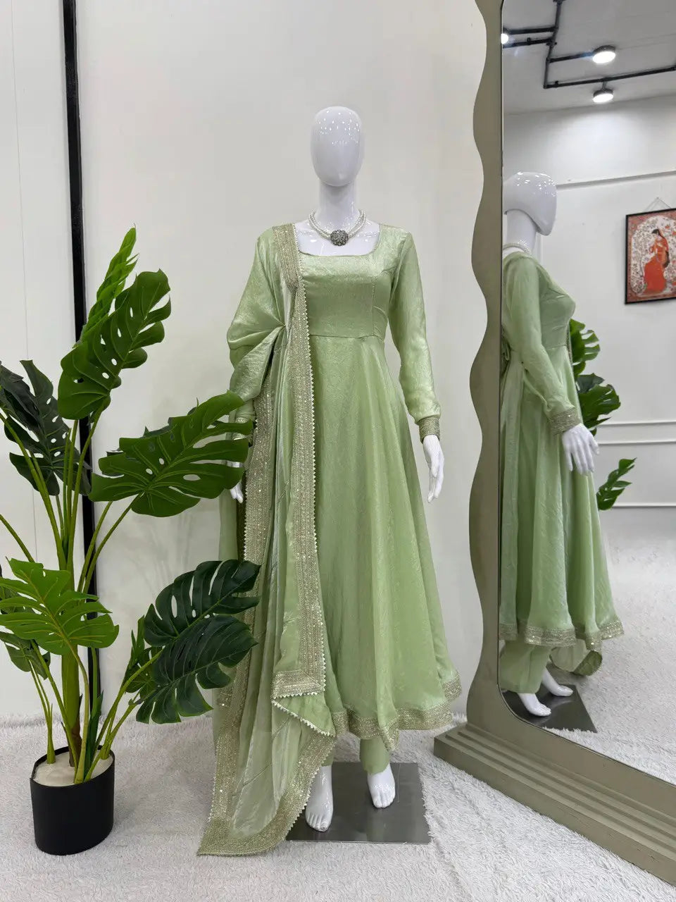 Pista Green Fendy Silk Anarkali Gown Set with Dupatta | Elegant Party & Festive Wear