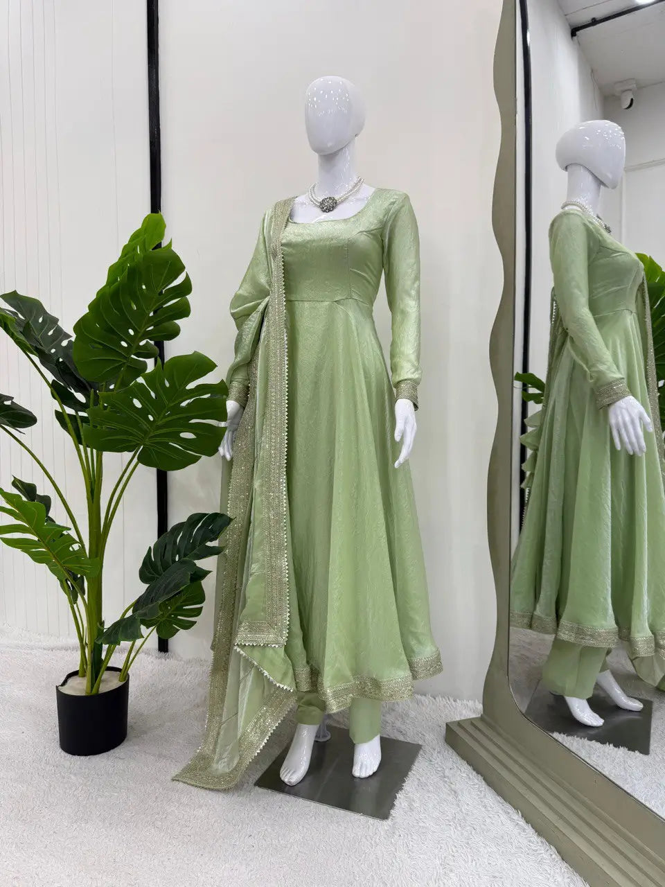 Pista Green Fendy Silk Anarkali Gown Set with Dupatta | Elegant Party & Festive Wear