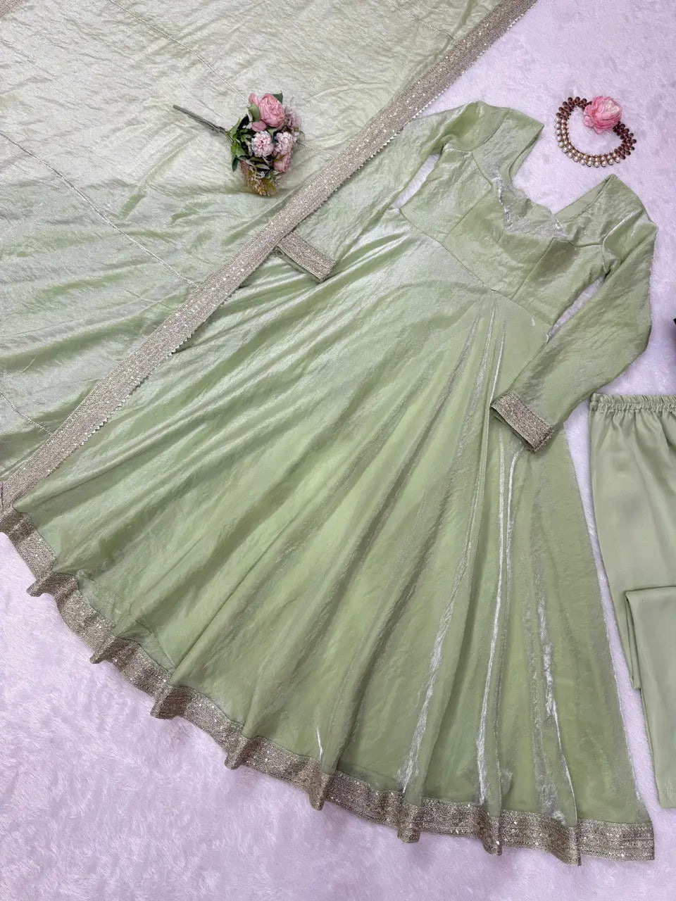 Pista Green Fendy Silk Anarkali Gown Set with Dupatta | Elegant Party & Festive Wear