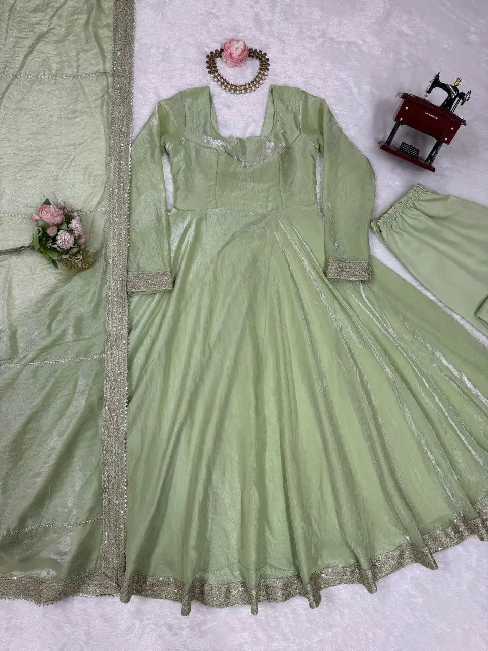 Pista Green Fendy Silk Anarkali Gown Set with Dupatta | Elegant Party & Festive Wear