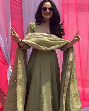 Pista Green Fendy Silk Anarkali Gown Set with Dupatta | Elegant Party & Festive Wear