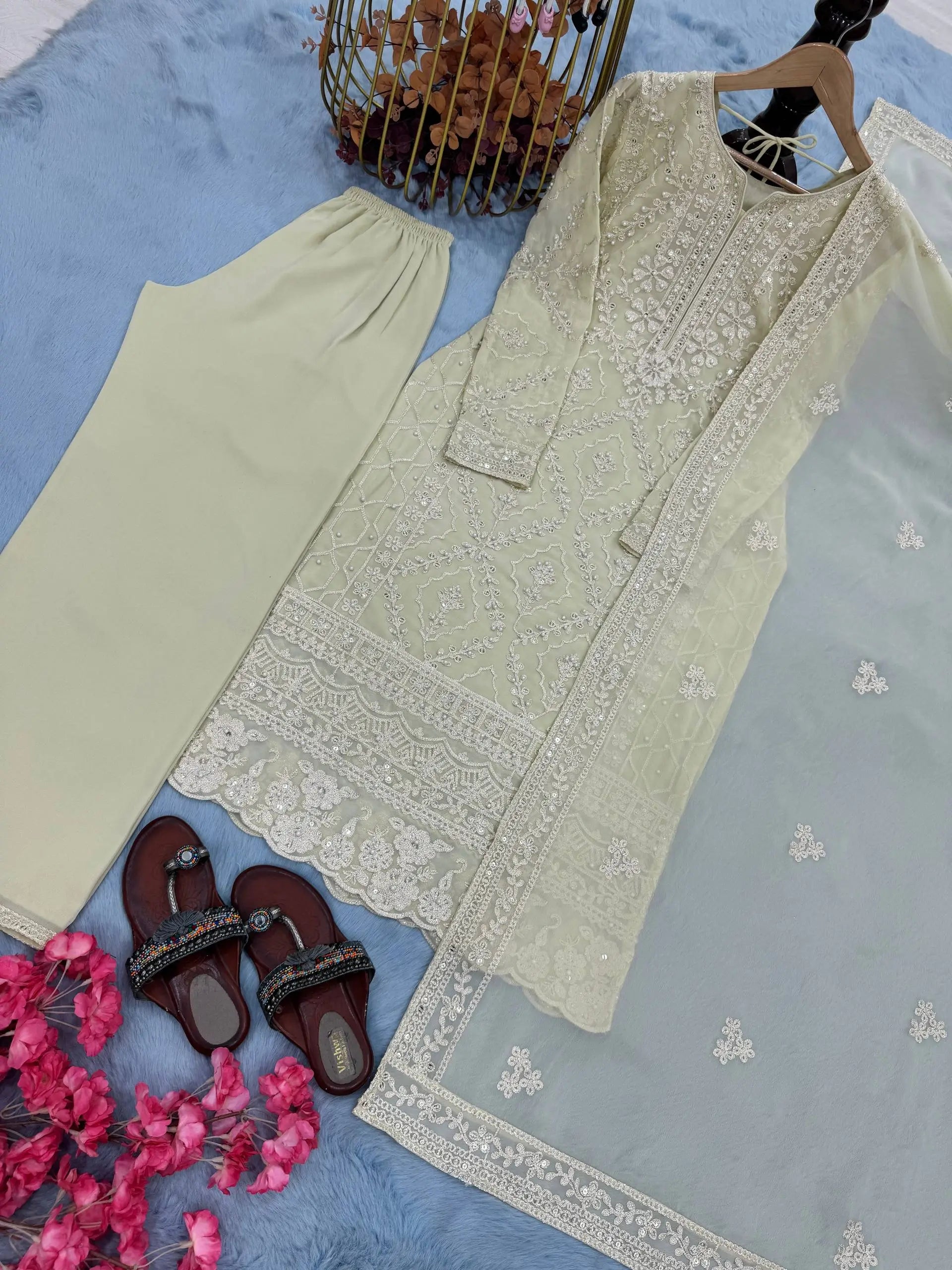 Pista Green Heavy Faux Georgette Embroidered Suit with Plazzo & Dupatta – Wedding & Festive Wear