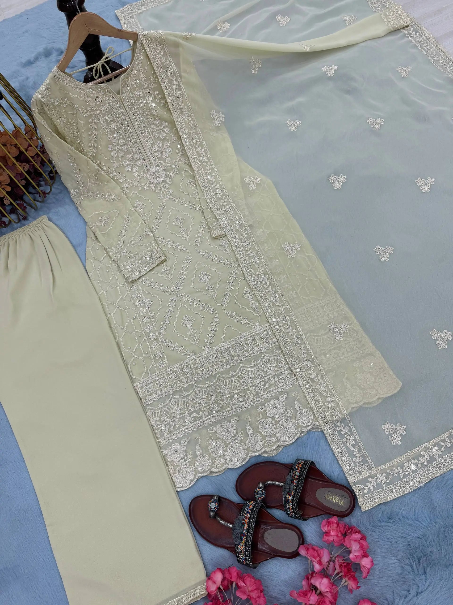 Pista Green Heavy Faux Georgette Embroidered Suit with Plazzo & Dupatta – Wedding & Festive Wear