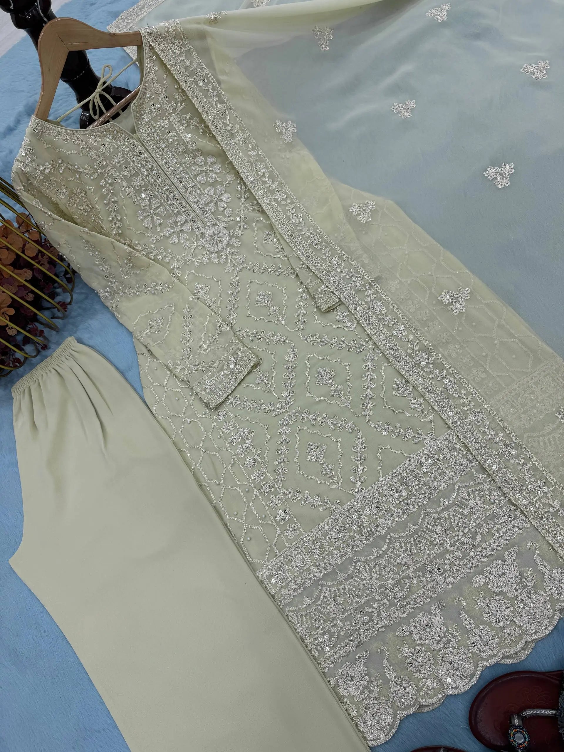 Pista Green Heavy Faux Georgette Embroidered Suit with Plazzo & Dupatta – Wedding & Festive Wear
