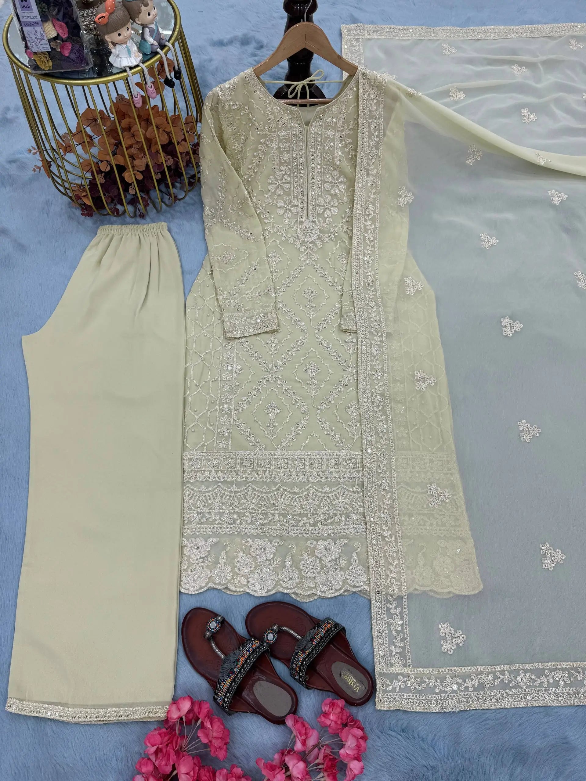 Pista Green Heavy Faux Georgette Embroidered Suit with Plazzo & Dupatta – Wedding & Festive Wear