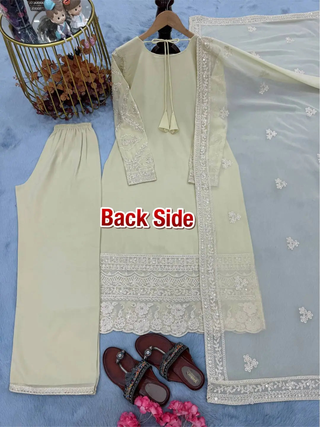 Pista Green Heavy Faux Georgette Embroidered Suit with Plazzo & Dupatta – Wedding & Festive Wear