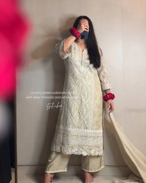 Pista Green Heavy Faux Georgette Embroidered Suit with Plazzo & Dupatta – Wedding & Festive Wear