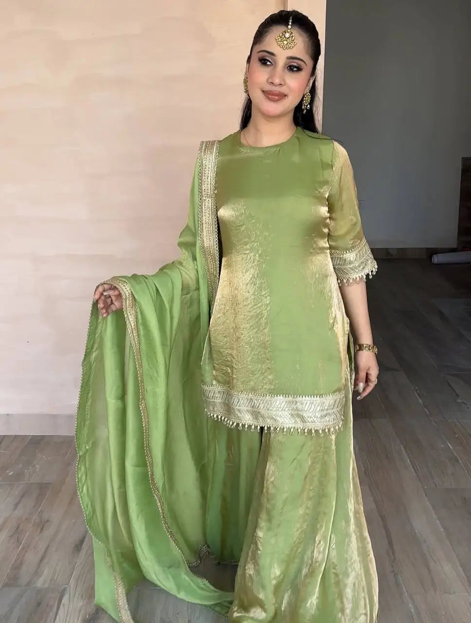 Pista Green Heavy Fendy Silk Palazzo Set with Embroidery Sequence Work and Fancy Latkan