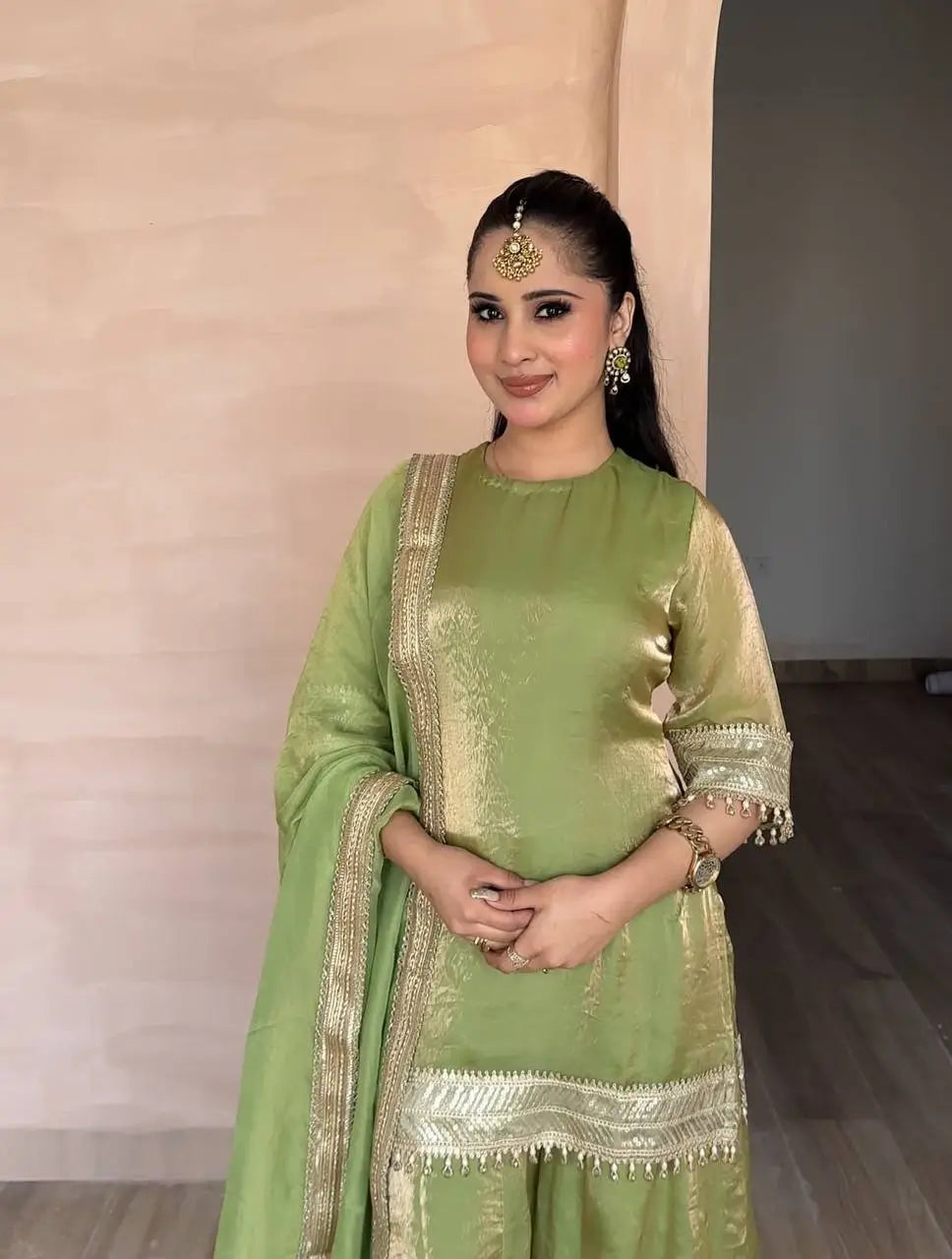 Pista Green Heavy Fendy Silk Palazzo Set with Embroidery Sequence Work and Fancy Latkan