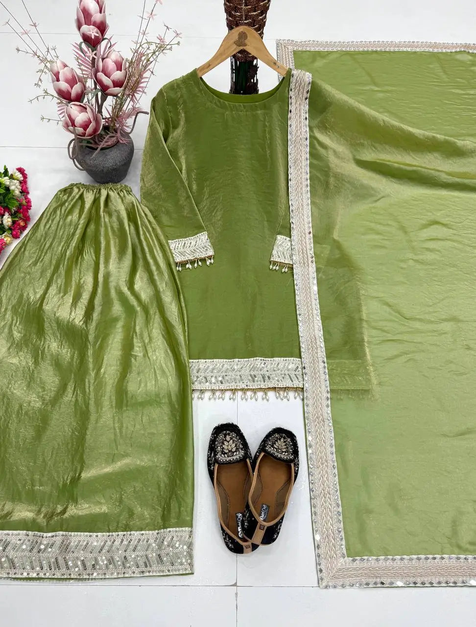 Pista Green Heavy Fendy Silk Palazzo Set with Embroidery Sequence Work and Fancy Latkan