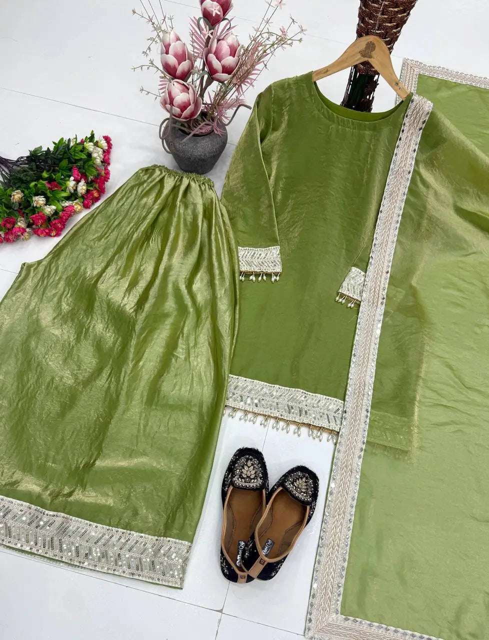 Pista Green Heavy Fendy Silk Palazzo Set with Embroidery Sequence Work and Fancy Latkan