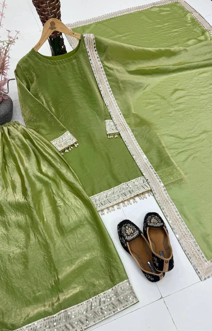 Pista Green Heavy Fendy Silk Palazzo Set with Embroidery Sequence Work and Fancy Latkan