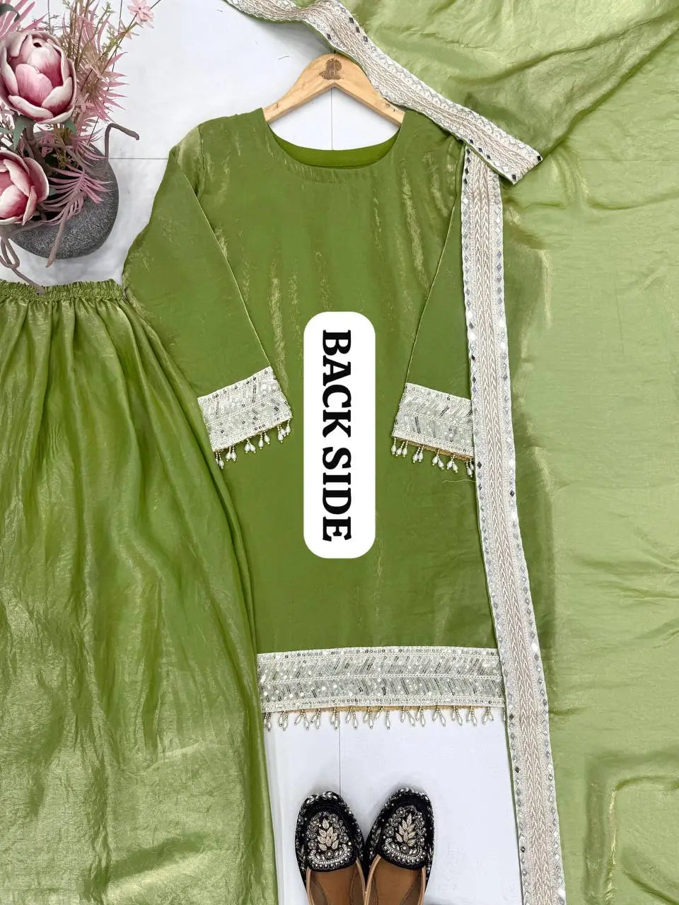Pista Green Heavy Fendy Silk Palazzo Set with Embroidery Sequence Work and Fancy Latkan