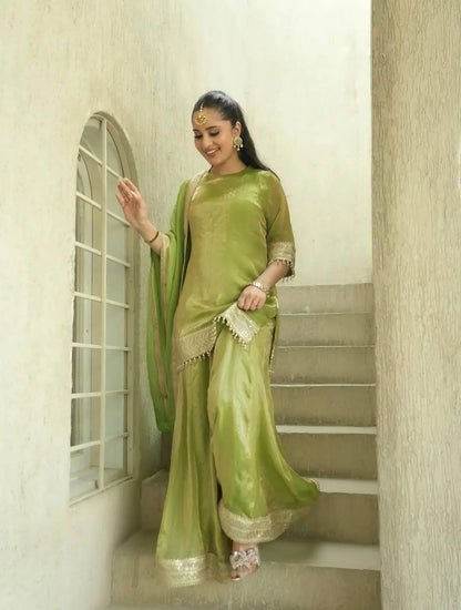 Pista Green Heavy Fendy Silk Palazzo Set with Embroidery Sequence Work and Fancy Latkan