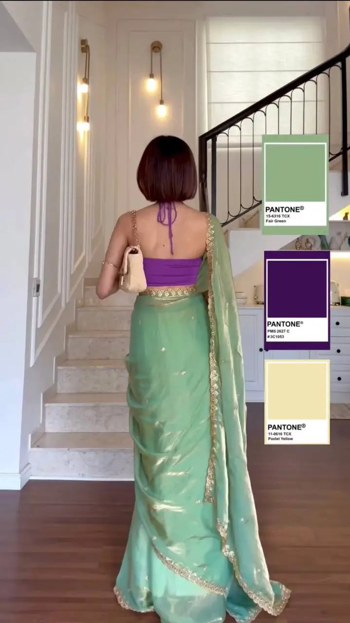 Pista Green Shimmer Saree with Sequin Work