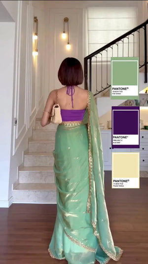 Pista Green Shimmer Saree with Sequin Work