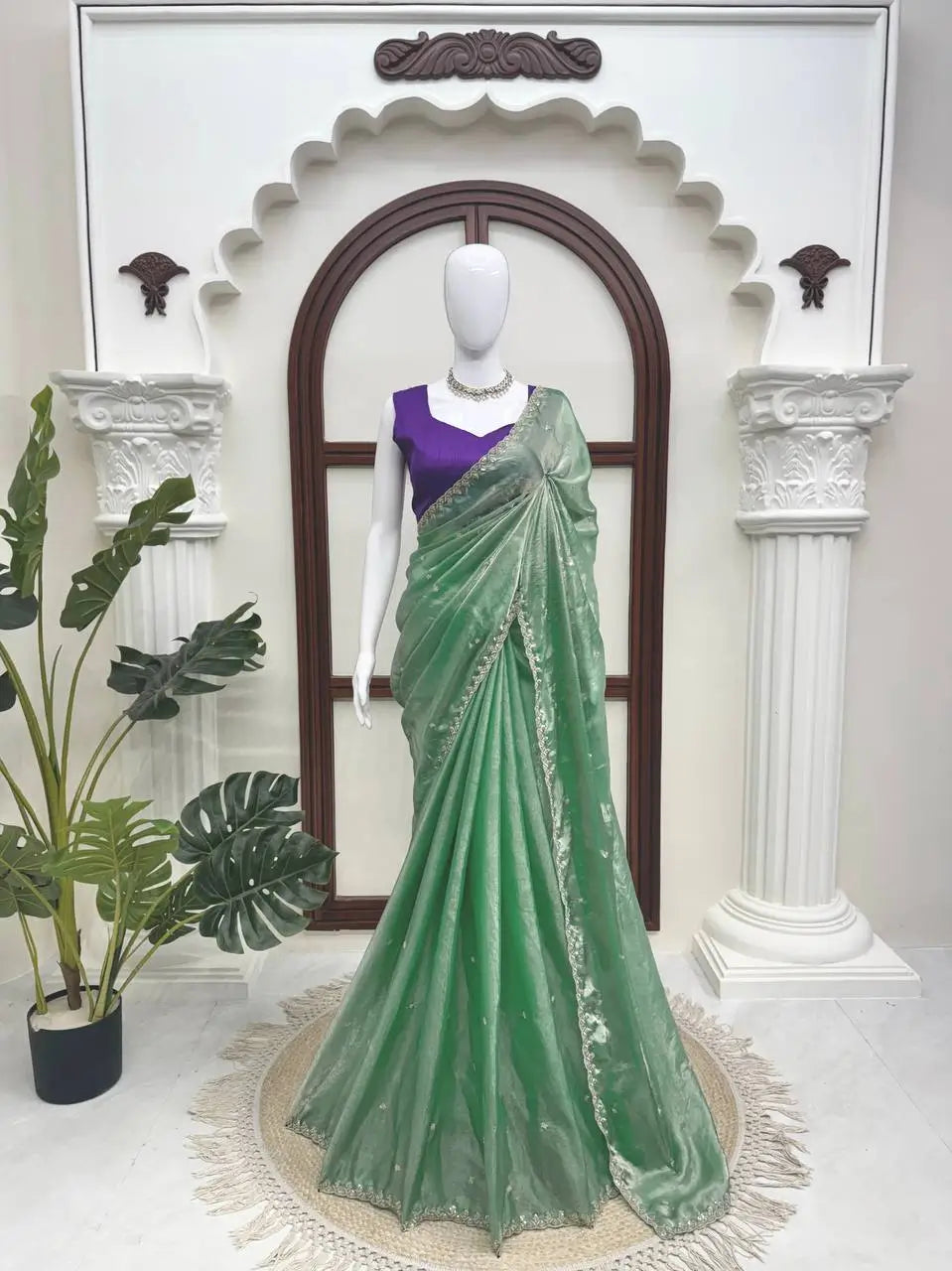 Pista Green Shimmer Saree with Sequin Work