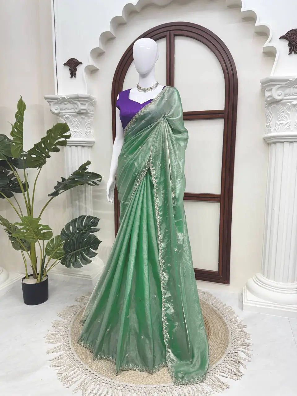 Pista Green Shimmer Saree with Sequin Work