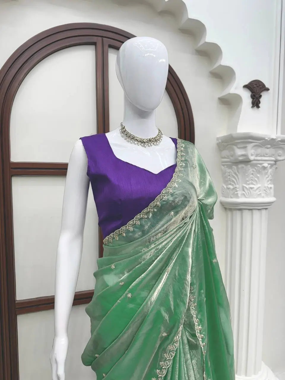 Pista Green Shimmer Saree with Sequin Work