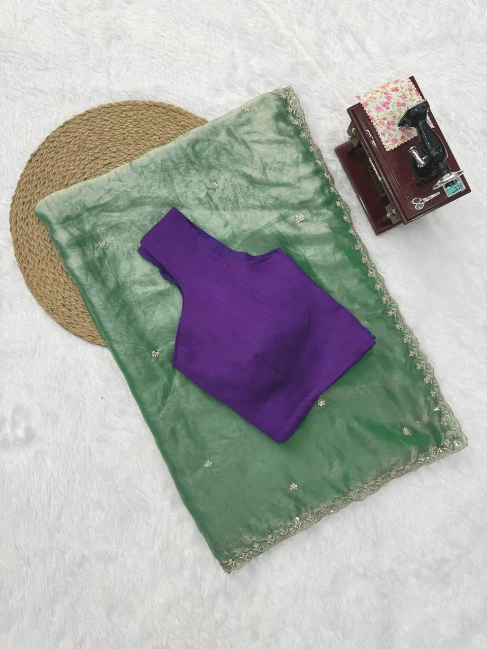 Pista Green Shimmer Saree with Sequin Work