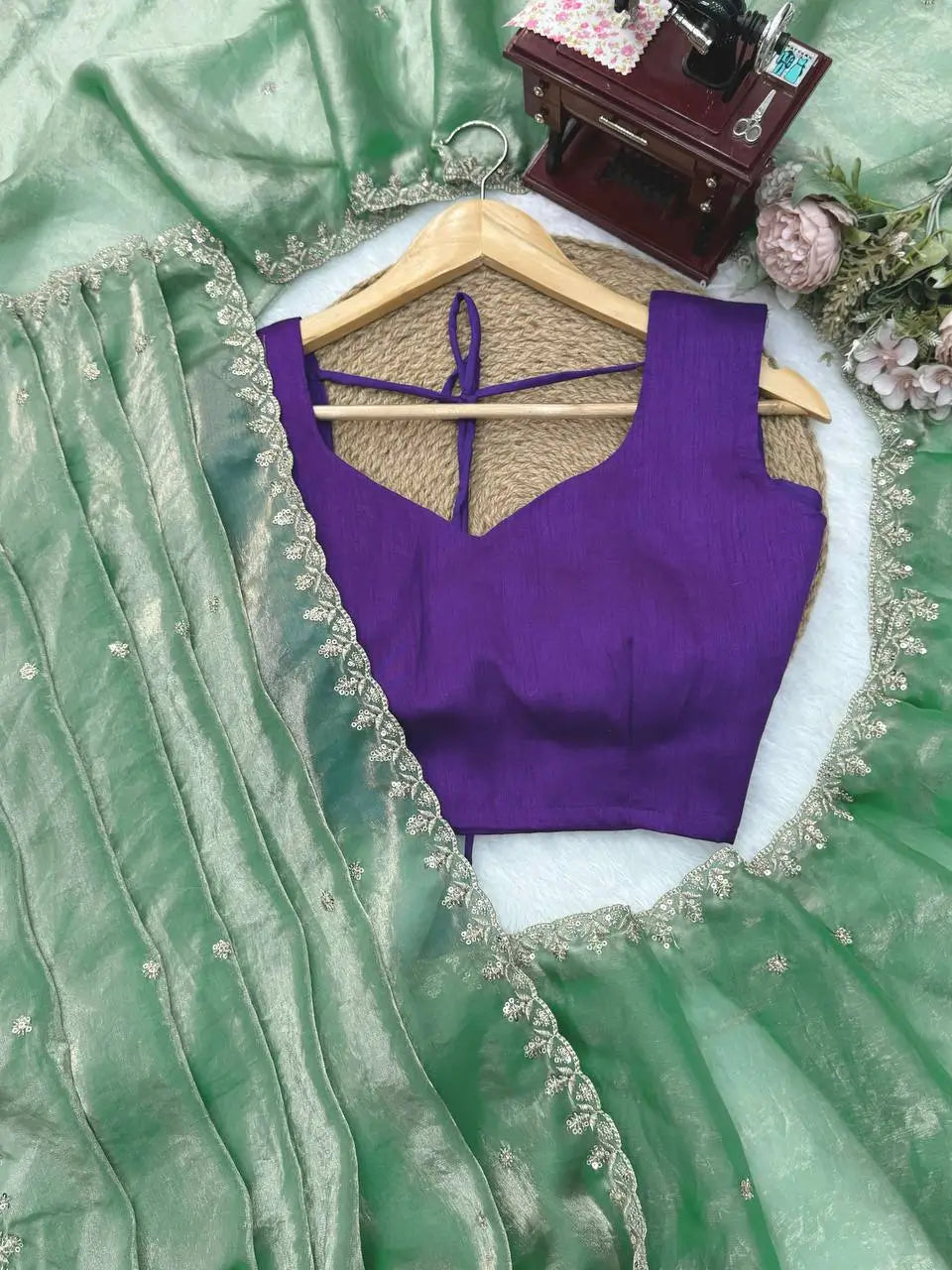 Pista Green Shimmer Saree with Sequin Work