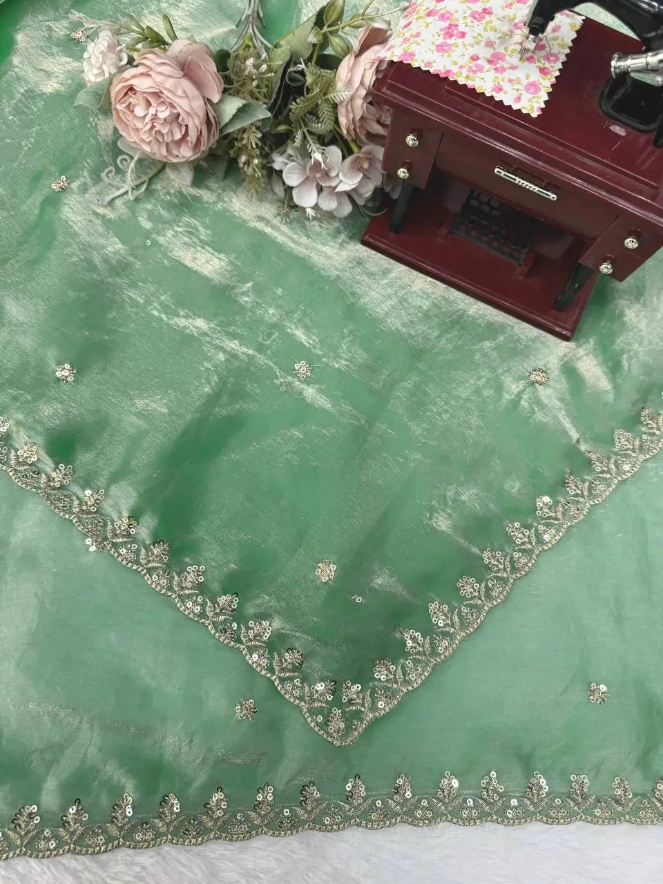 Pista Green Shimmer Saree with Sequin Work