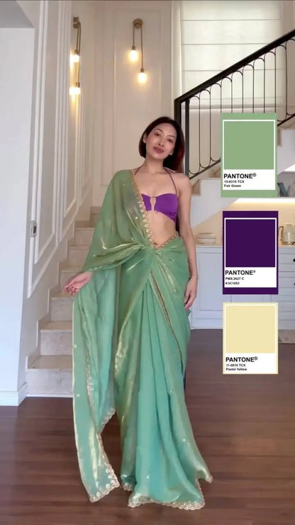 Pista Green Shimmer Saree with Sequin Work