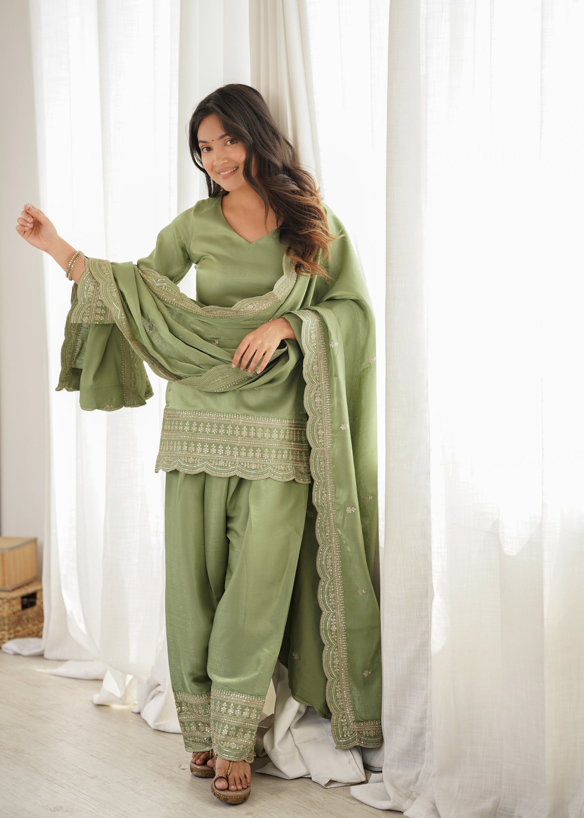 Pista Green Silk Kurta Farshi Salwar Set