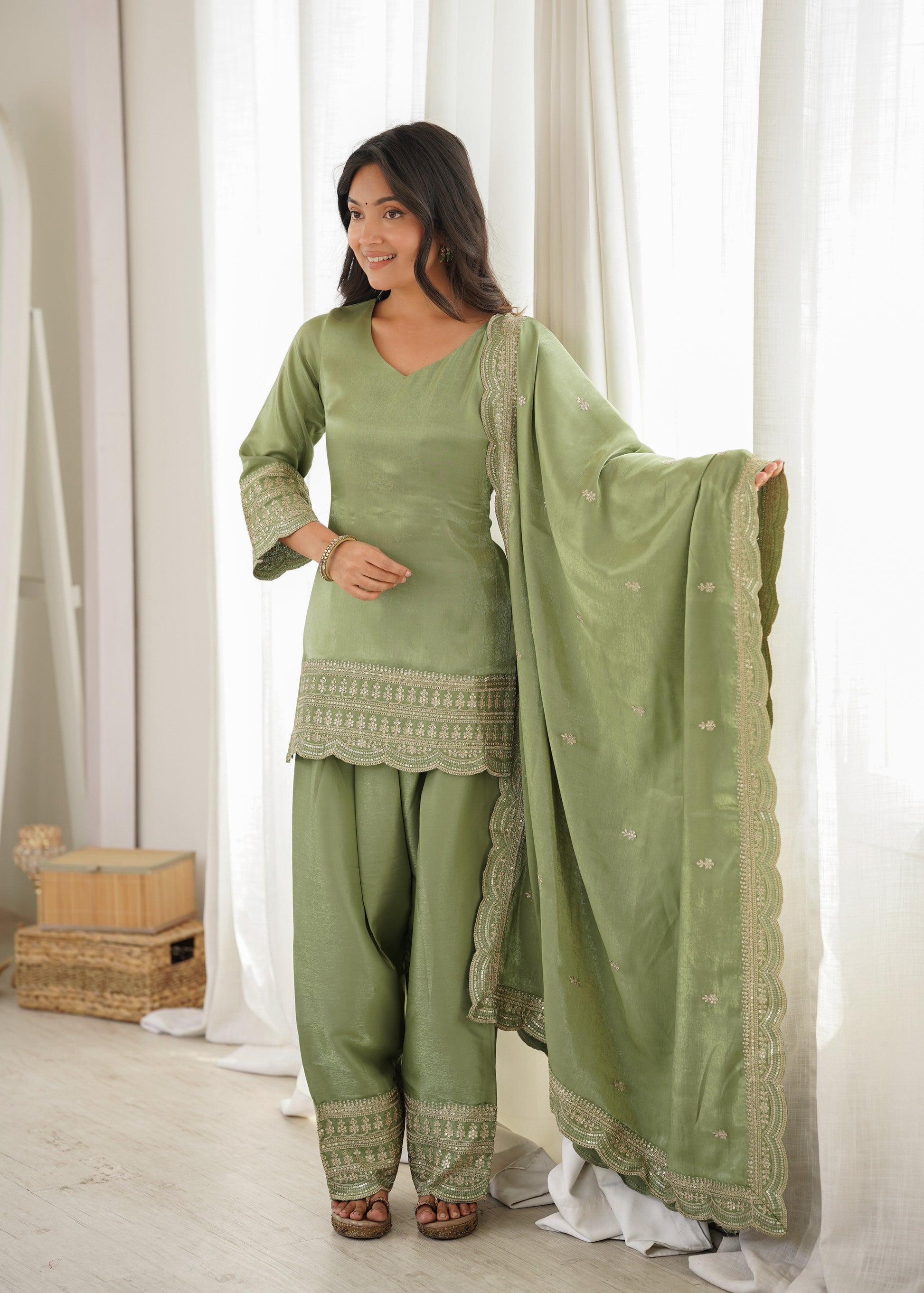 Pista Green Silk Kurta Farshi Salwar Set