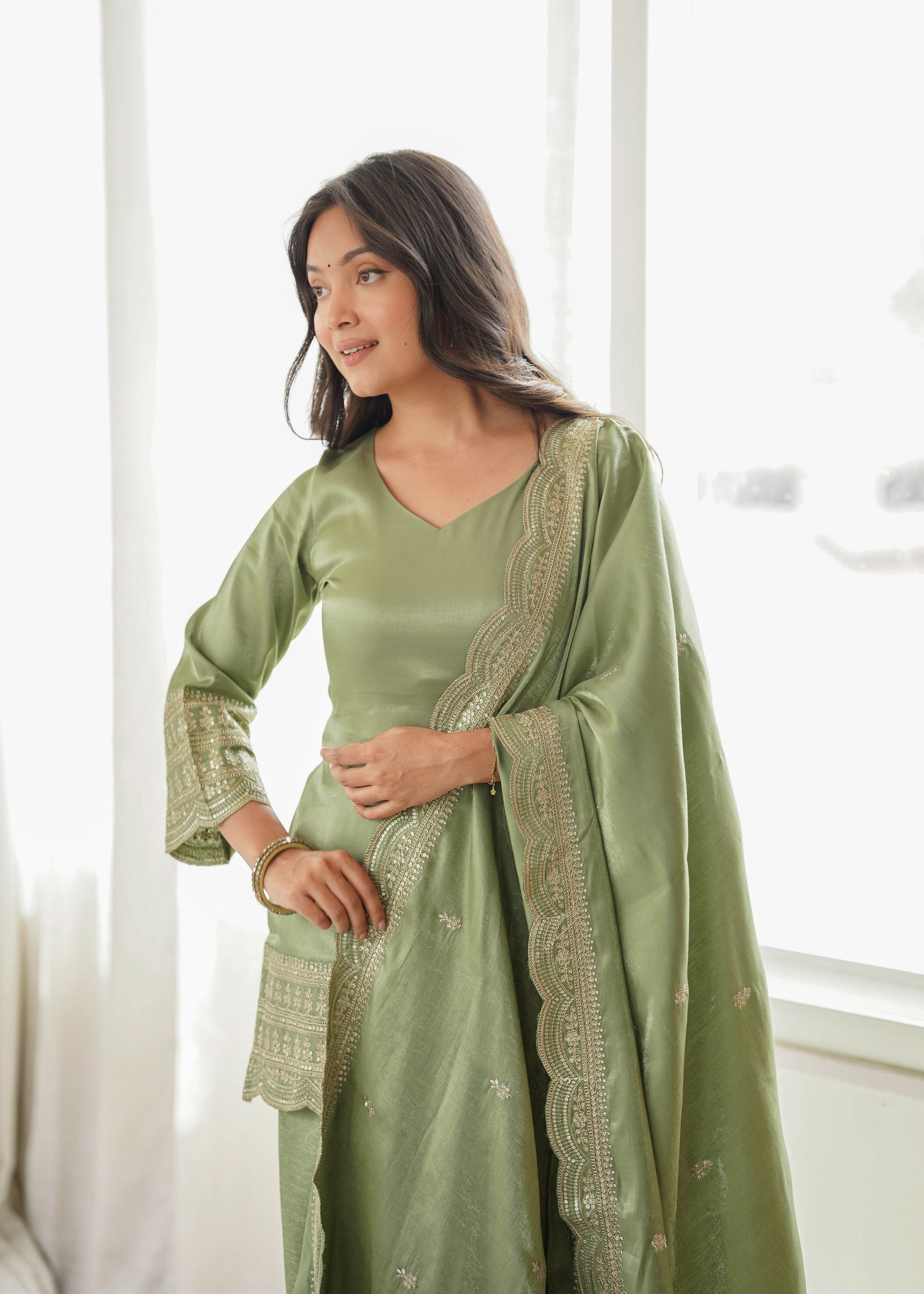 Pista Green Silk Kurta Farshi Salwar Set
