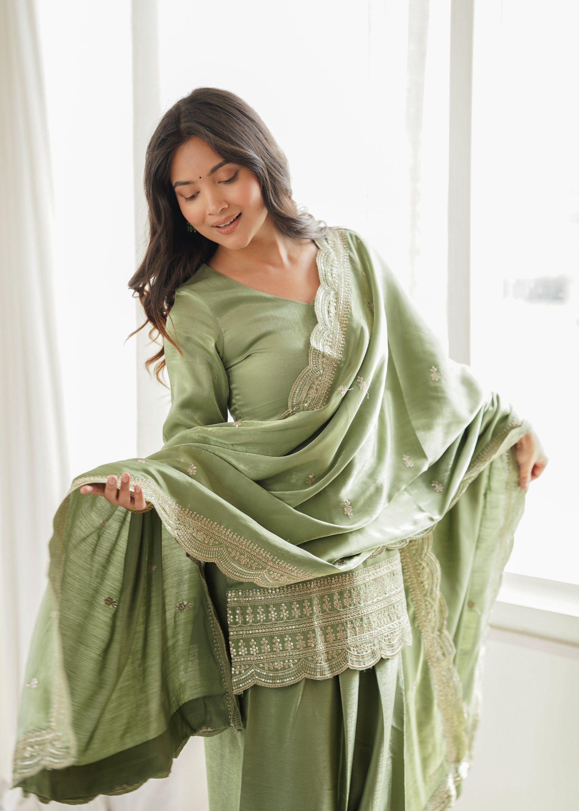 Pista Green Silk Kurta Farshi Salwar Set