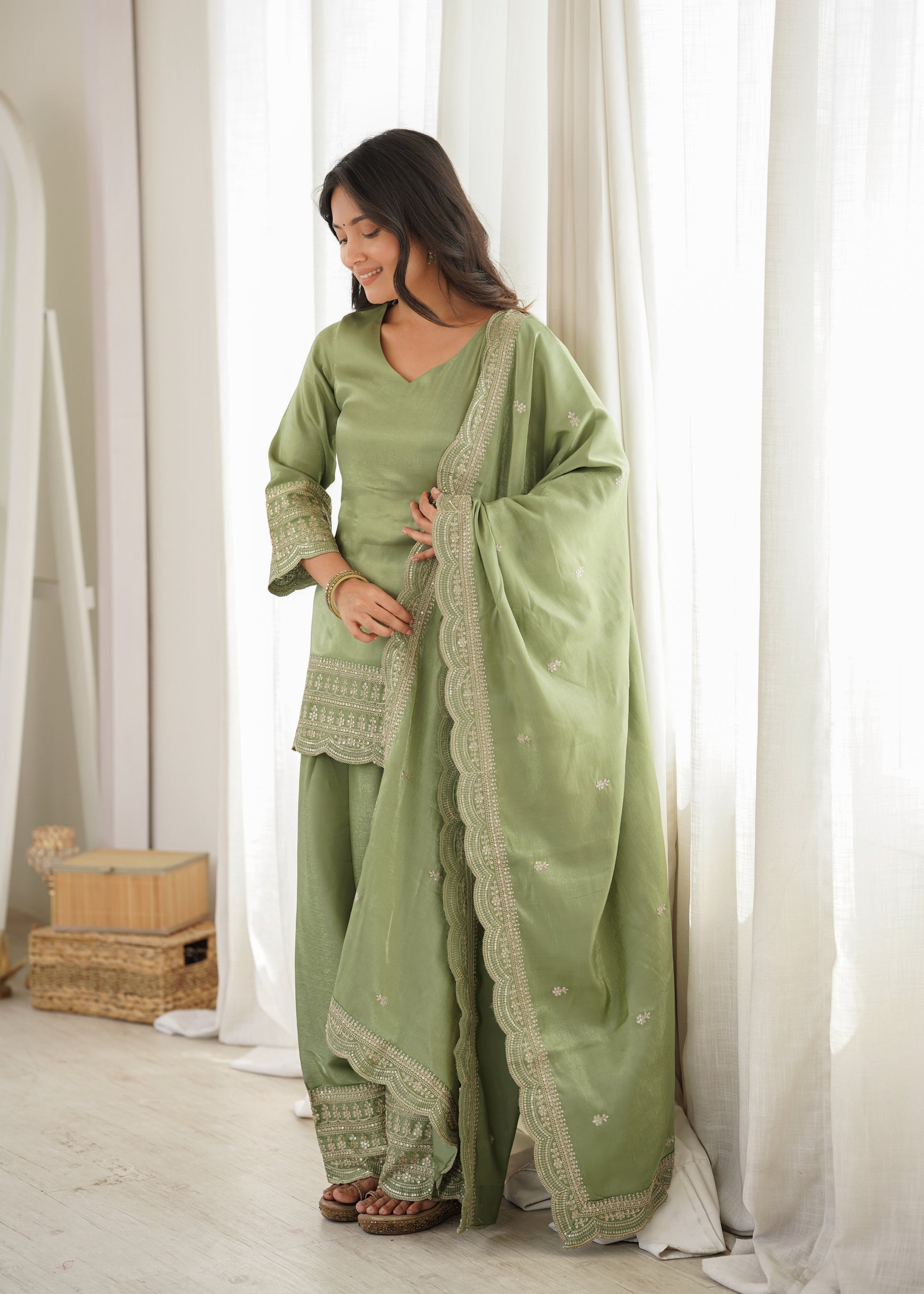 Pista Green Silk Kurta Farshi Salwar Set