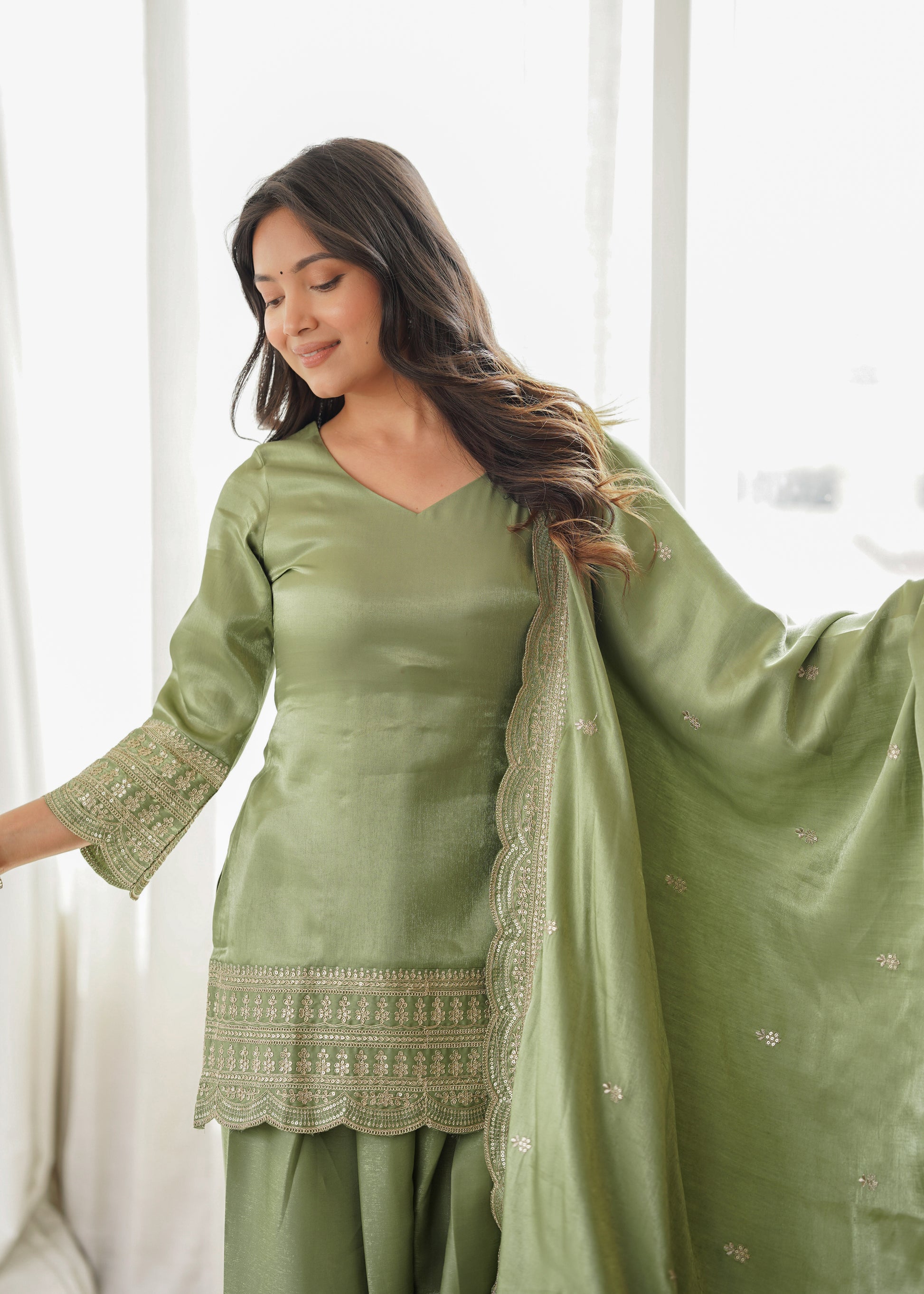 Pista Green Silk Kurta Farshi Salwar Set