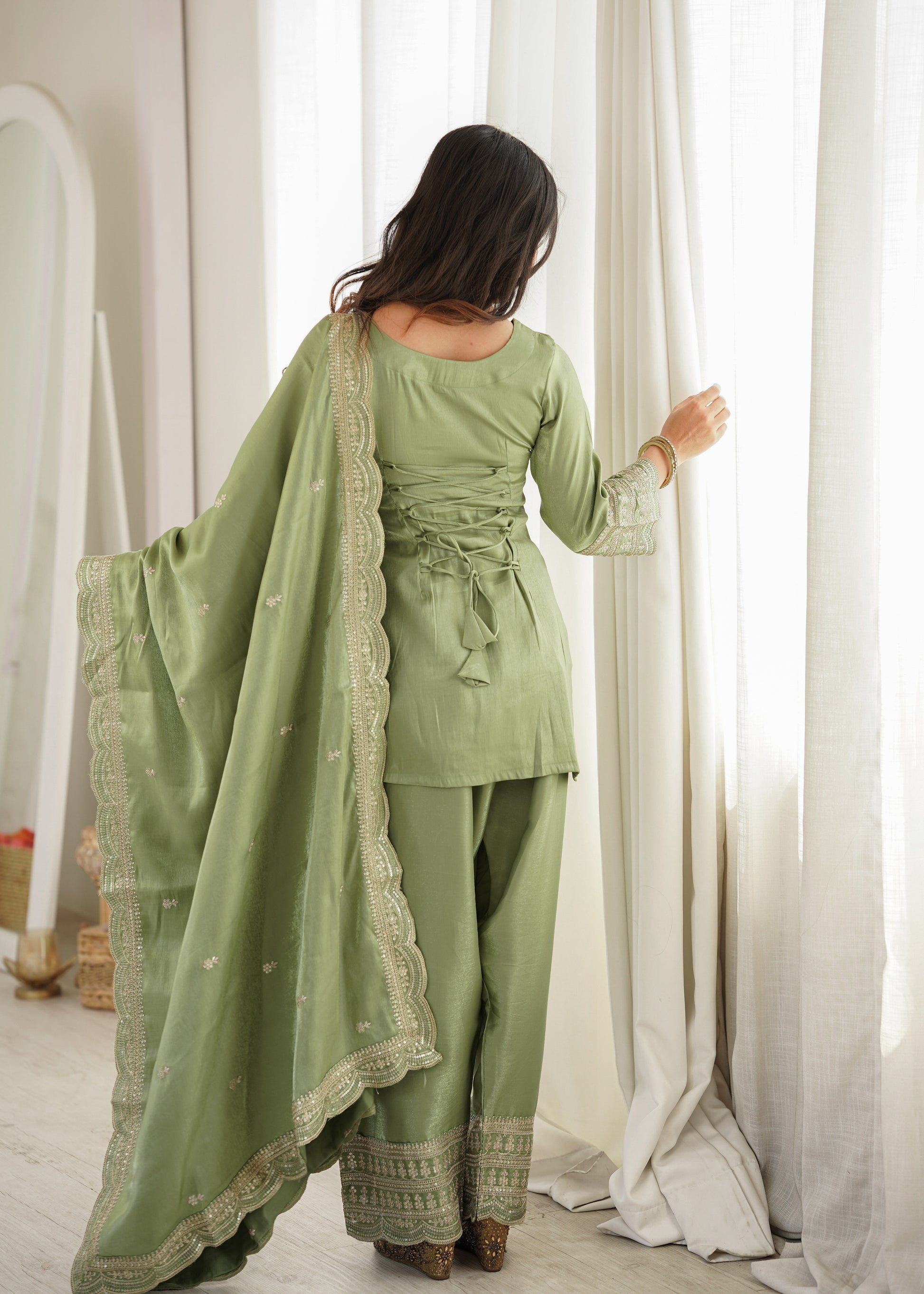 Pista Green Silk Kurta Farshi Salwar Set